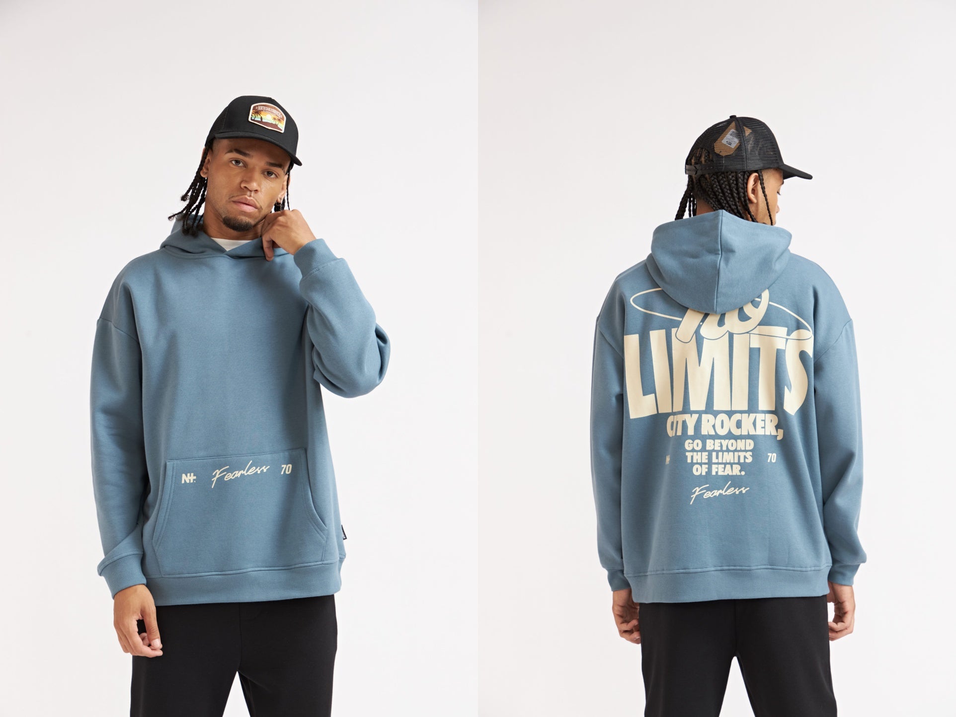 CANGURO AZUL OVERSIZE DE POLAR CON ESTAMPA